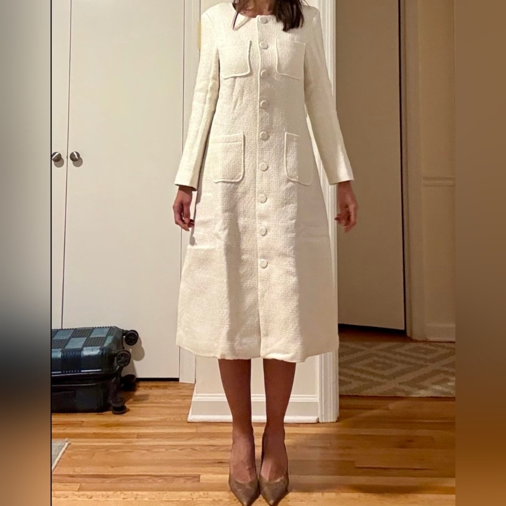 Ivory Button Front Coat Dress Tweed Style Long Sleeve Elegant Dress - Picture 6 of 6